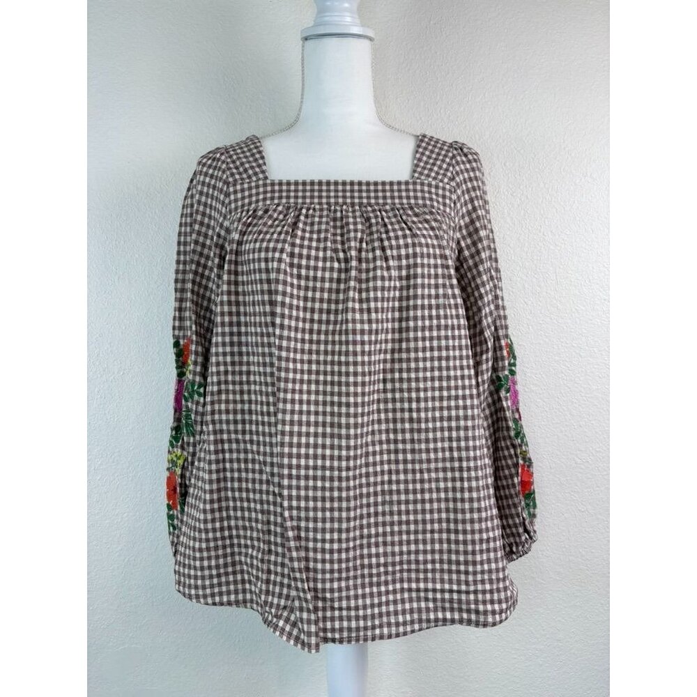 Davi and Dani women's‎ small brown plaid embroidered long sleeve peasant top